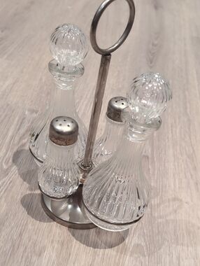 Vintage Clear Glass Cruet Shaker Set Silver Stand